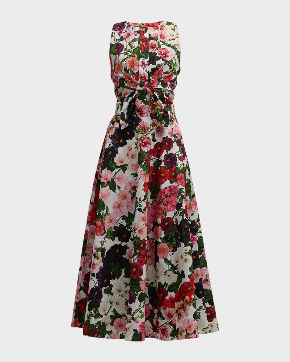 Hollyhocks-Print Button-Front Tie-Cutout Sleeveless Midi Dress